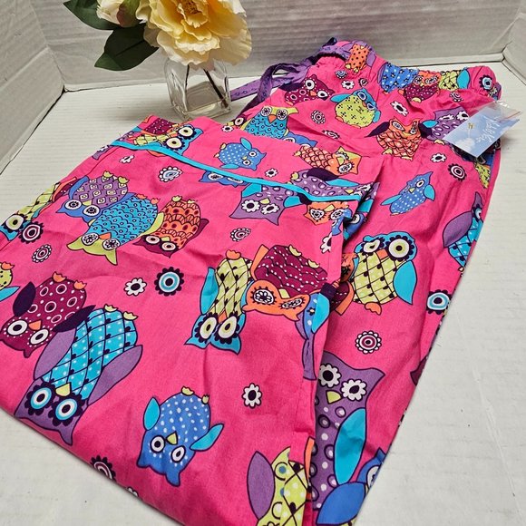 New Nick Nora Pjs Pajamas Cotton String Pants Kooky Owls Waist